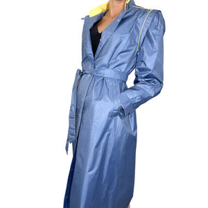 Vintage 70s 80s blue yellow puff shoulder stand collar trench coat 12